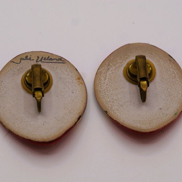 Vintage 2 Pair Chunky Red & Gold Porcelain Geometric and Dome Clip-on Earrings - Picture 6 of 10